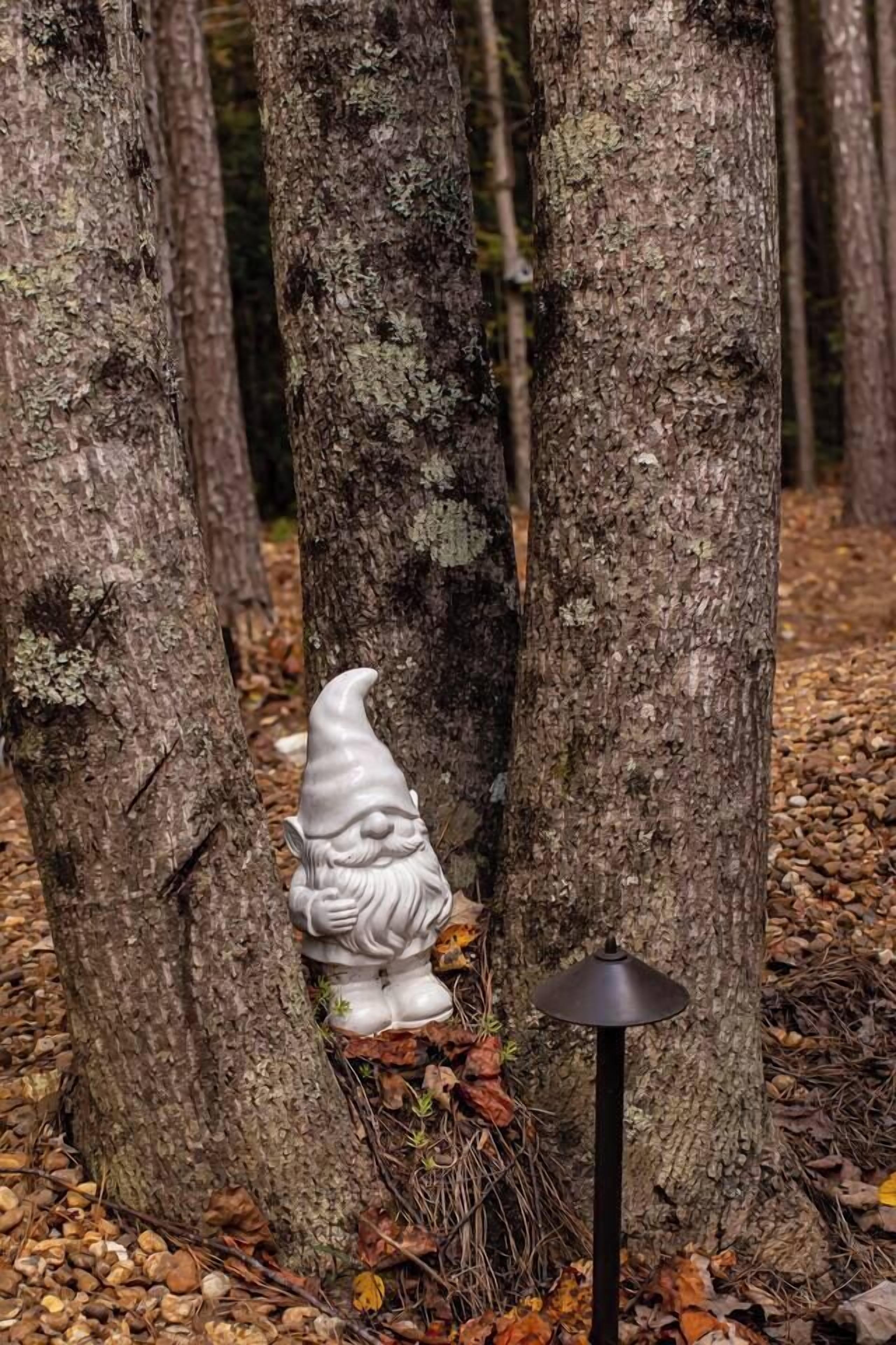 A garden area with a gnome statue and a lamp post.