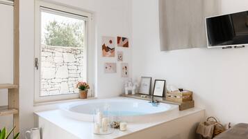 Shower, jetted tub, hair dryer, bidet