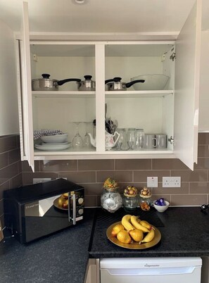 Kühlschrank, Mikrowelle, Herdplatte, Wasserkocher