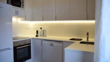 Panoramic Apartment | Private kitchen | Full-size fridge, microwave, oven, stovetop