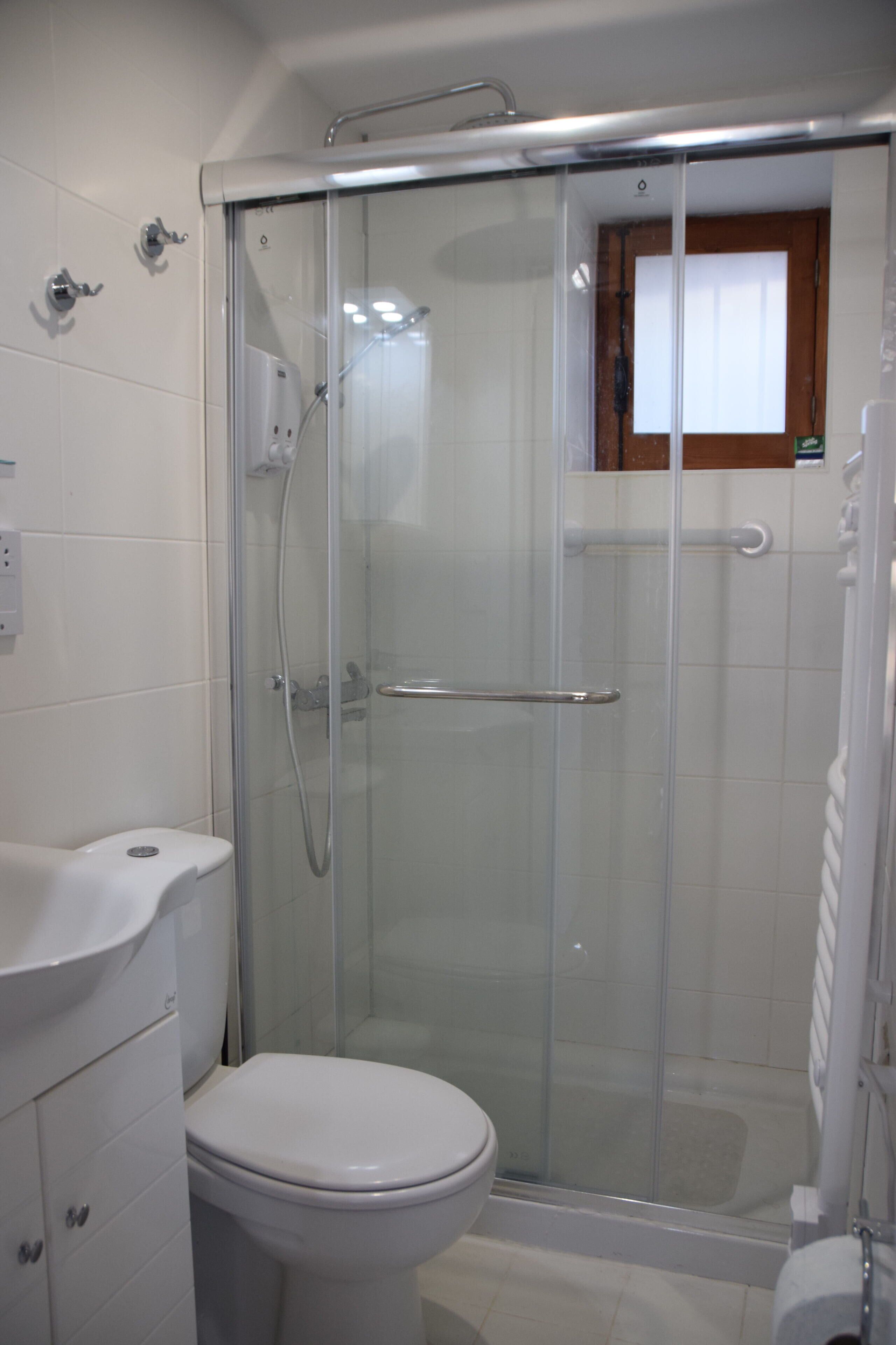 A bathroom with a glass-enclosed shower, a white toilet, and a sink.