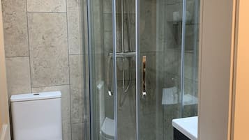 A modern bathroom with a glass-enclosed shower, a toilet, and a vanity.