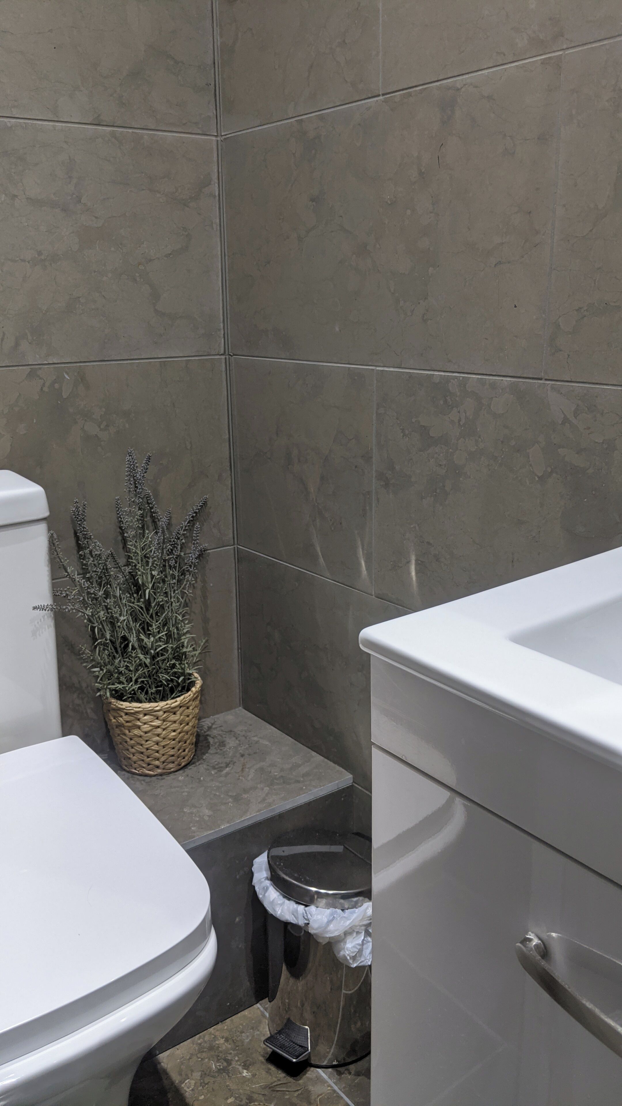 Un baño con inodoro y lavamanos blancos, un bote de basura y una planta en maceta.