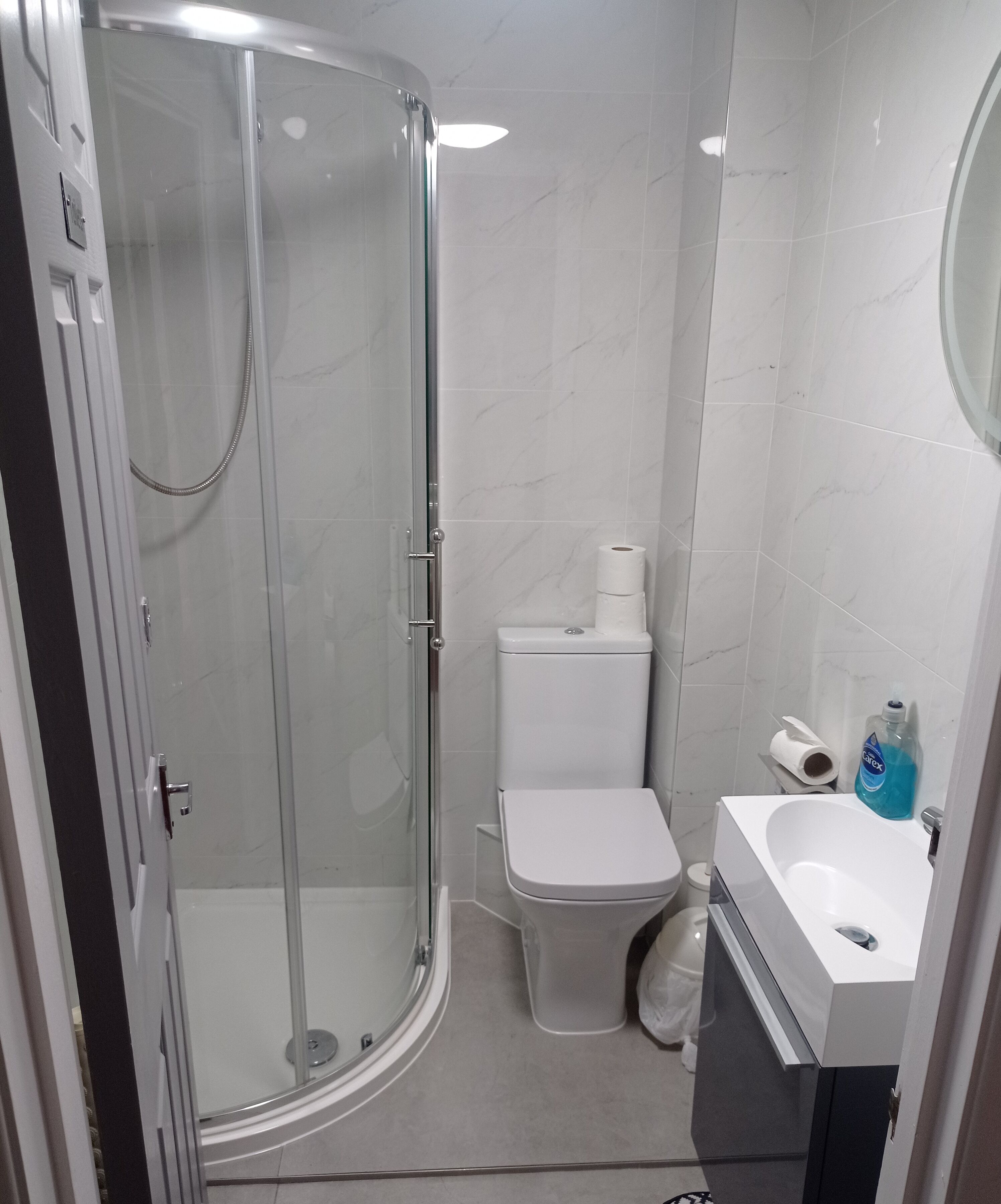 A bathroom with a glass-enclosed shower, a toilet, and a sink with a mirror.