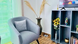 Un salon moderne avec un fauteuil gris, un vase décoratif contenant de l’herbe des pampas, une bibliothèque remplie de divers objets et un téléviseur posé sur un meuble.