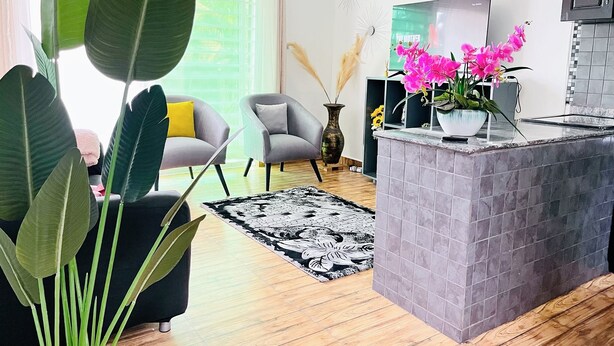 Un salon moderne avec un canapé gris, une table basse noire et une grande plante en pot.