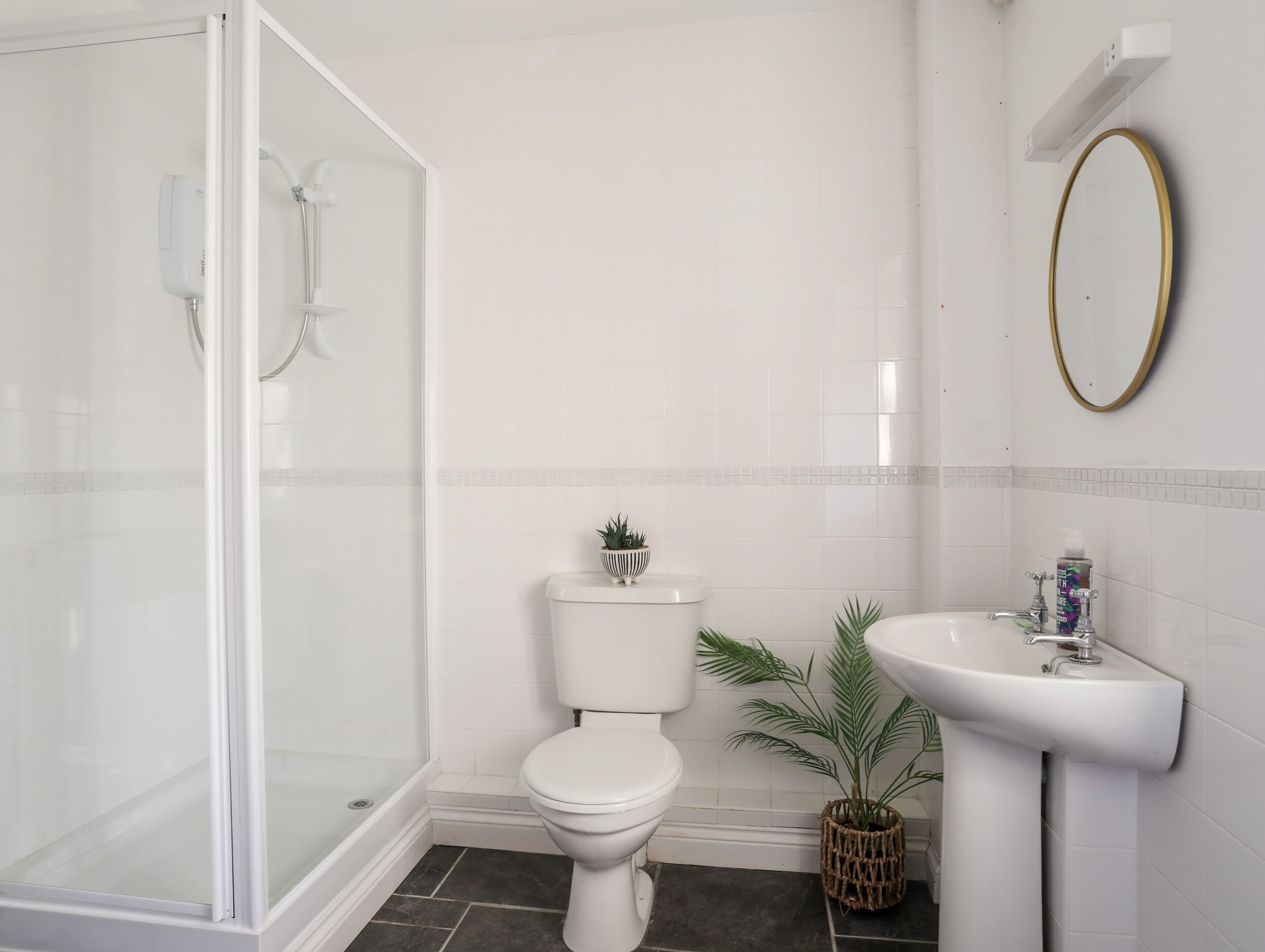 A modern bathroom with a glass-enclosed shower, a white toilet, a sink, and a mirror.