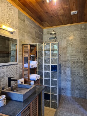 Shower, hair dryer, towels, soap