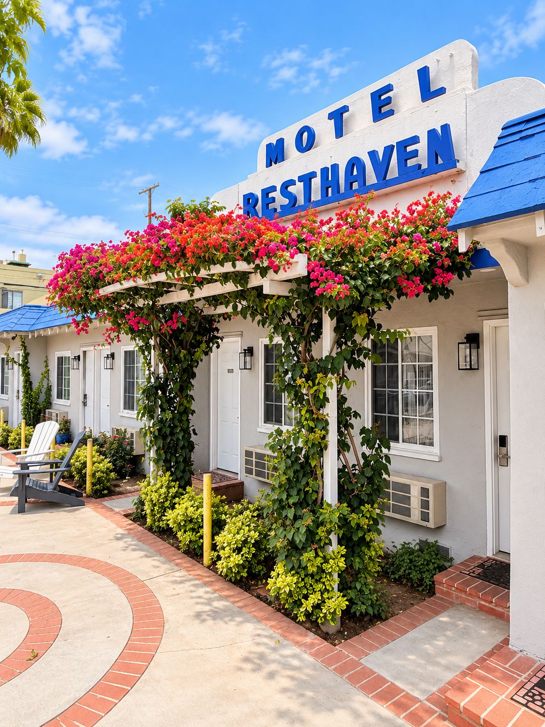 A motel with a sign reading 'Motel Resthaven' and a covered porch with flowering plants.