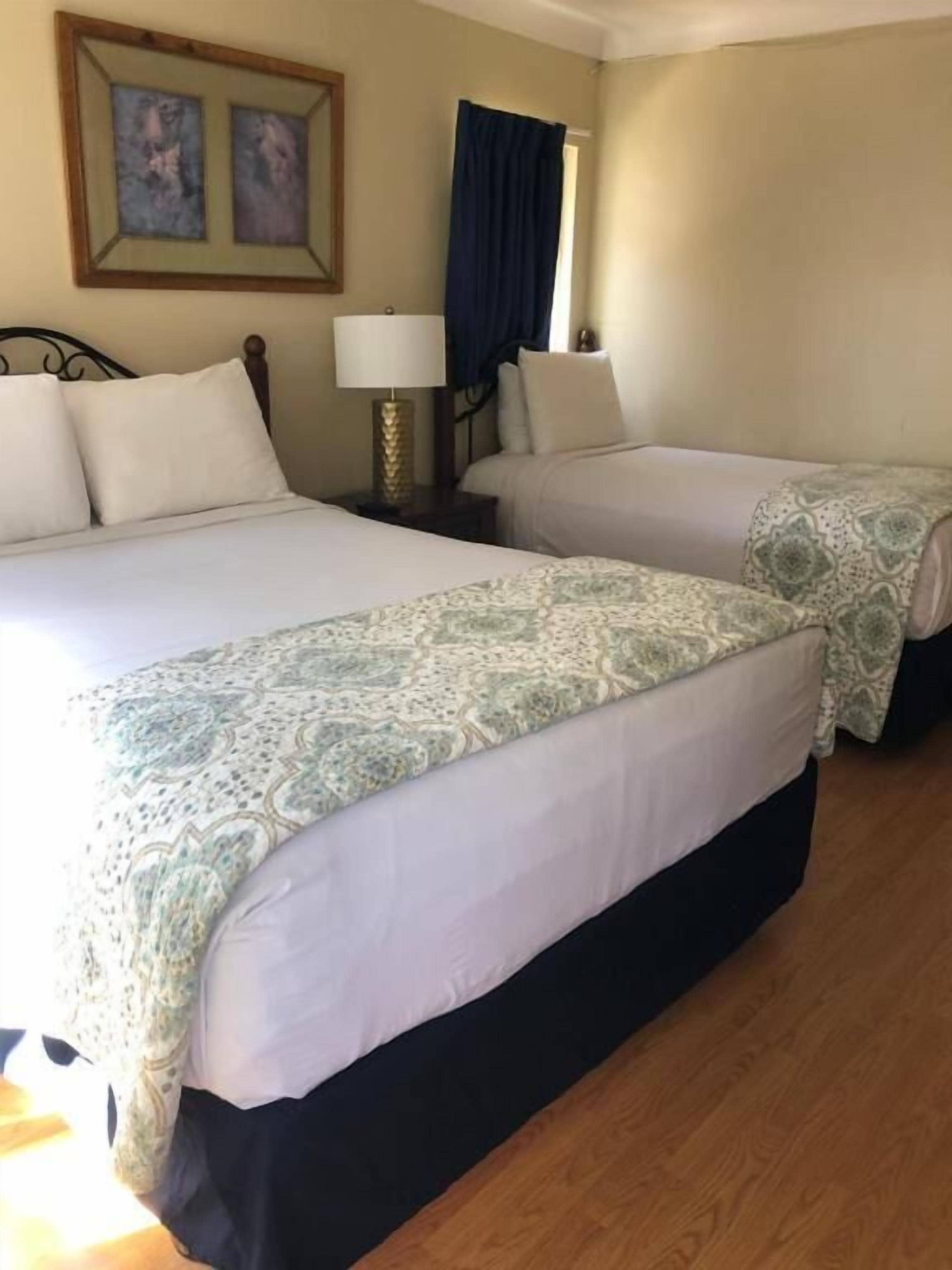 Una habitació d'hotel amb dos llits, una tauleta de nit amb una làmpada, i un quadre a la paret.