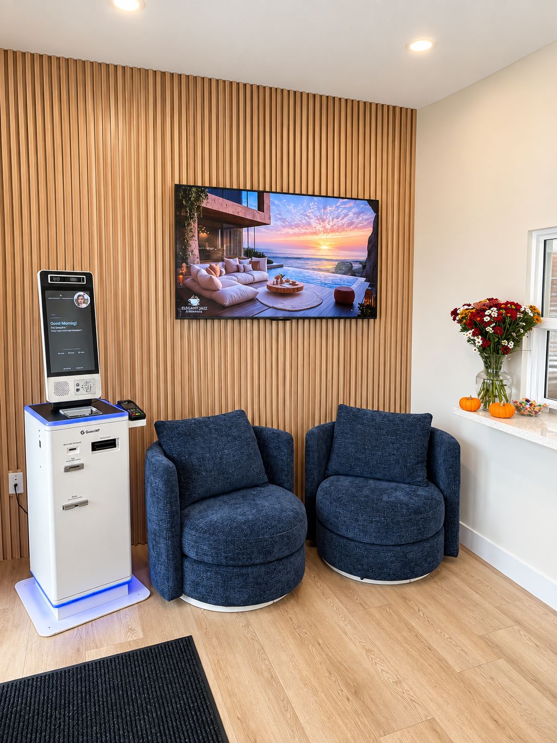 A room with a television displaying a sunset scene, two blue armchairs, a massage chair, and a massage machine.