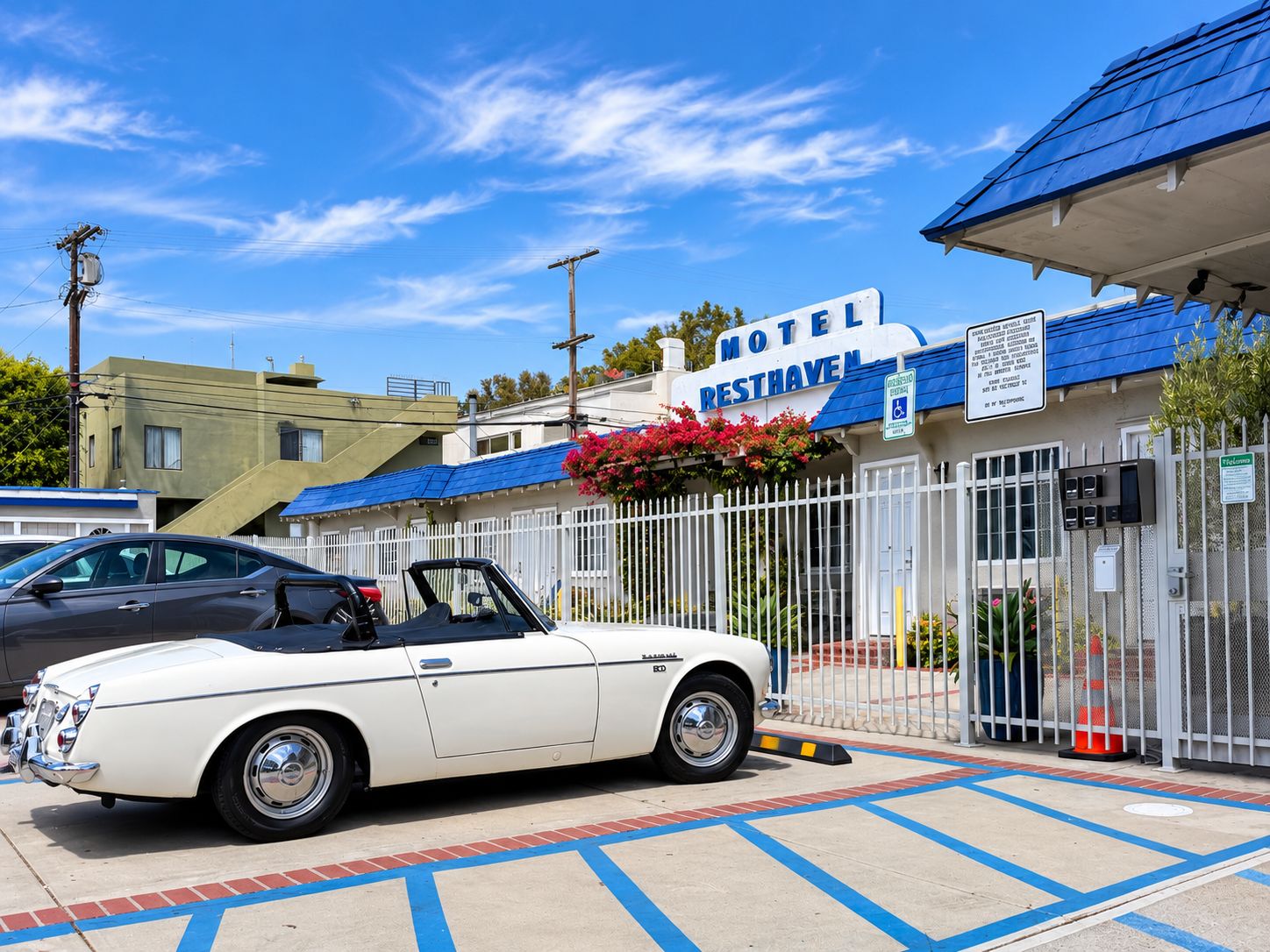 Un descapotable blanco estacionado frente a un motel con techo azul y un letrero que dice 'Motel Resthaven'.