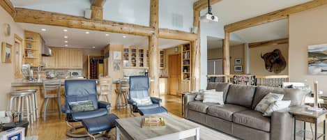 TV, fireplace, books