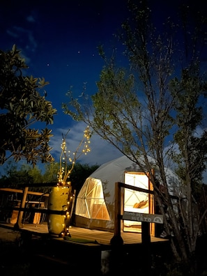 A dome-shaped tent with a wooden deck in front, surrounded by trees and illuminated by string lights.