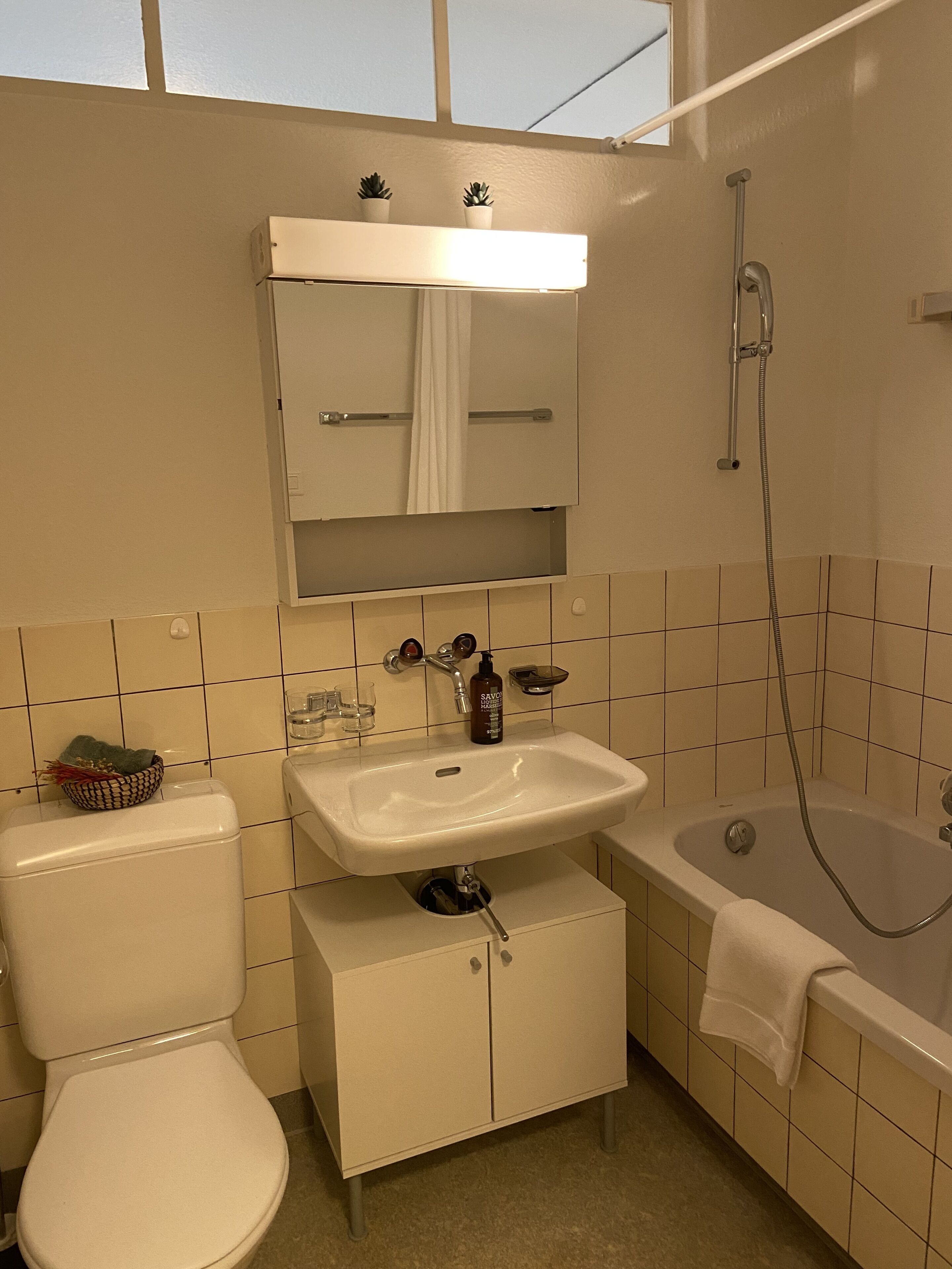 Une salle de bain avec des toilettes, un lavabo et une baignoire.