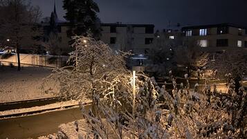 Ein Blick in der Nacht auf eine schneebedeckte Gegend mit Gebäuden im Hintergrund.