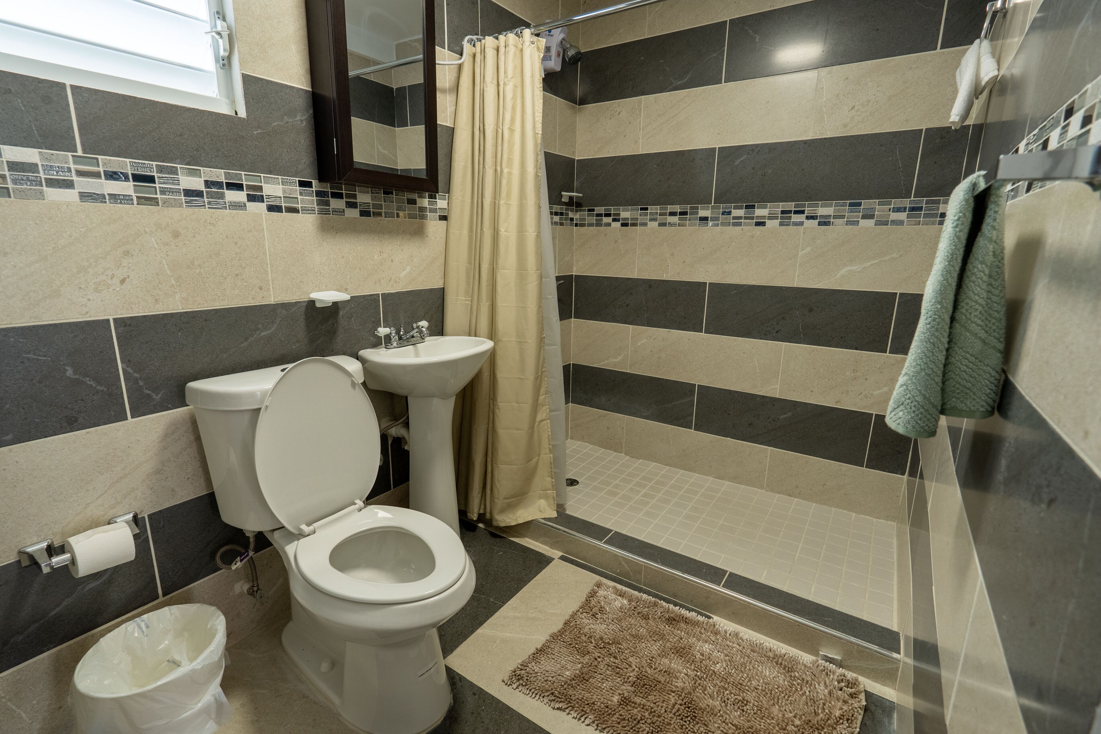 Un baño con inodoro, lavamanos, ducha y una alfombra pequeña en el suelo.
