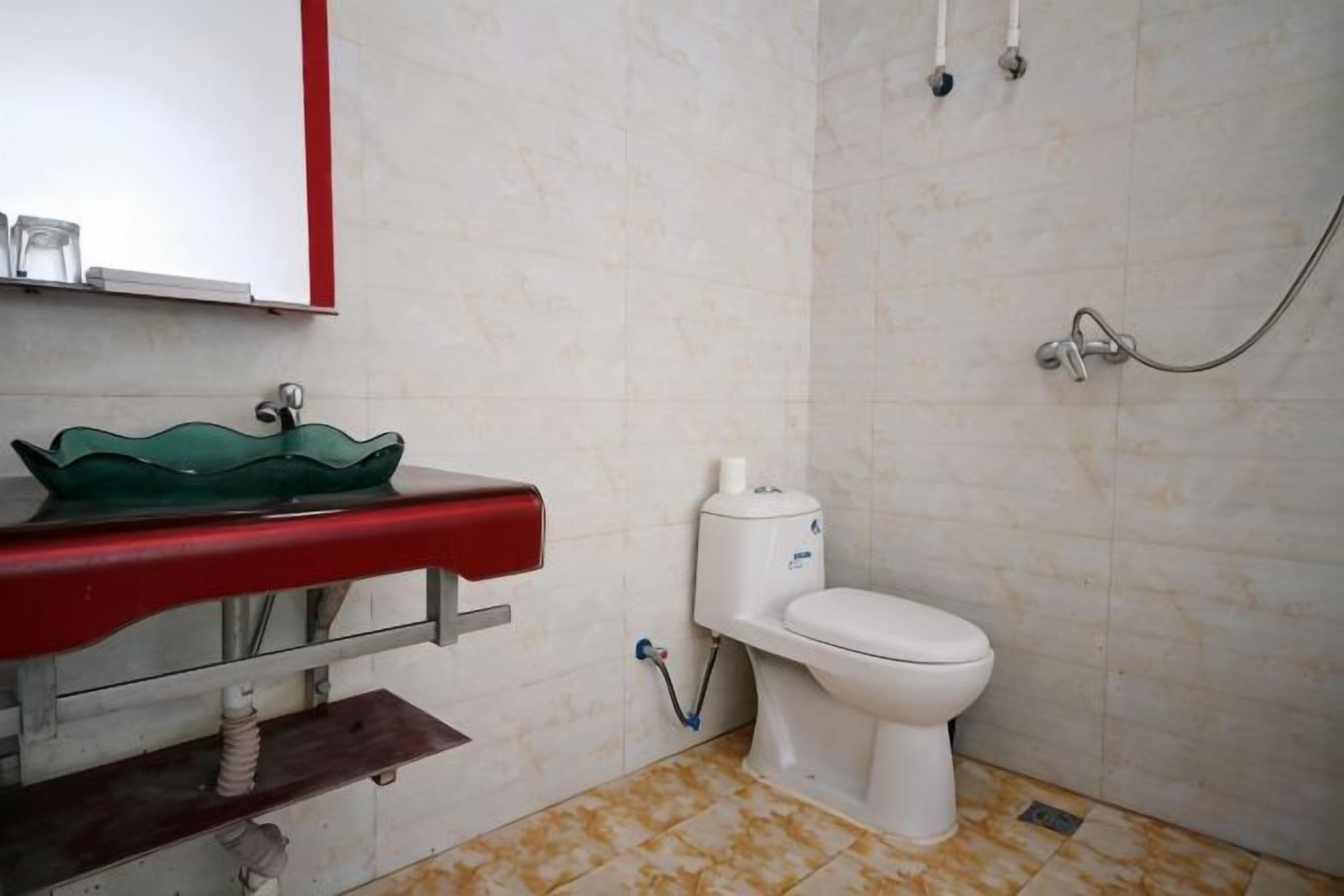 A bathroom with a white toilet, a red sink with a green glass basin, and a shower area.