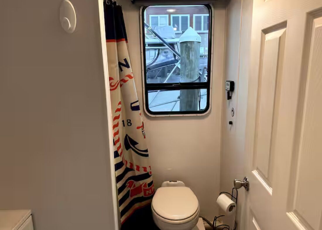 A small, narrow bathroom with a toilet, a window, and a shower curtain.