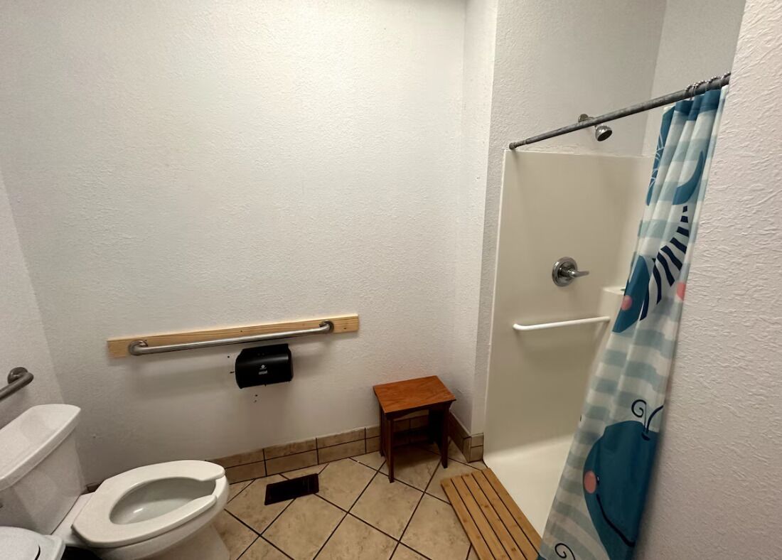 A small, private bathroom with a toilet, a shower with a curtain, a handrail, and a small wooden stool.