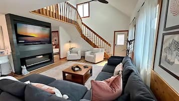 Smart TV, fireplace, books