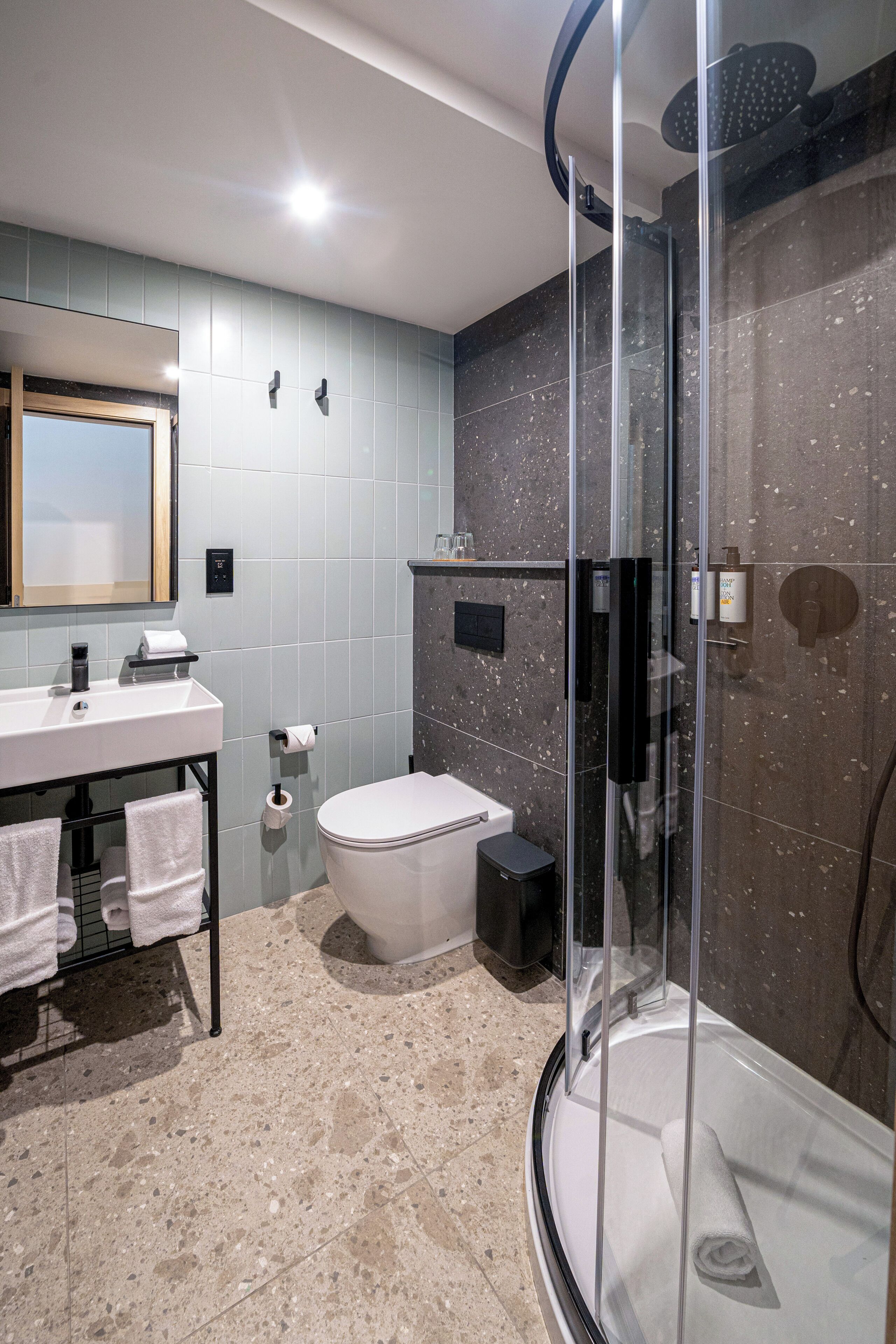 A modern bathroom with a glass-enclosed shower, a white sink, and a toilet.