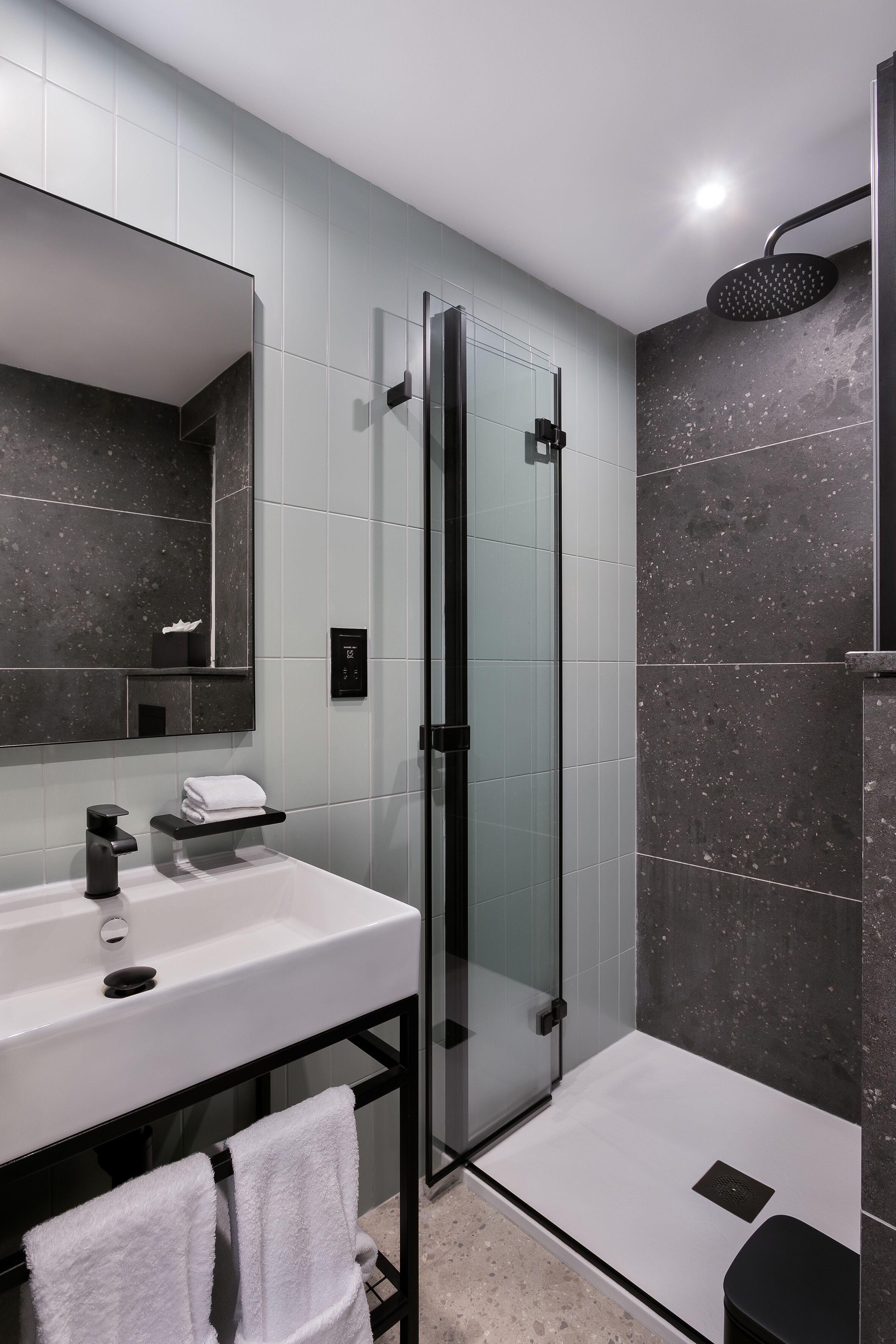 Un baño moderno con ducha envuelta en vidrio, un lavamanos blanco y un espejo grande.