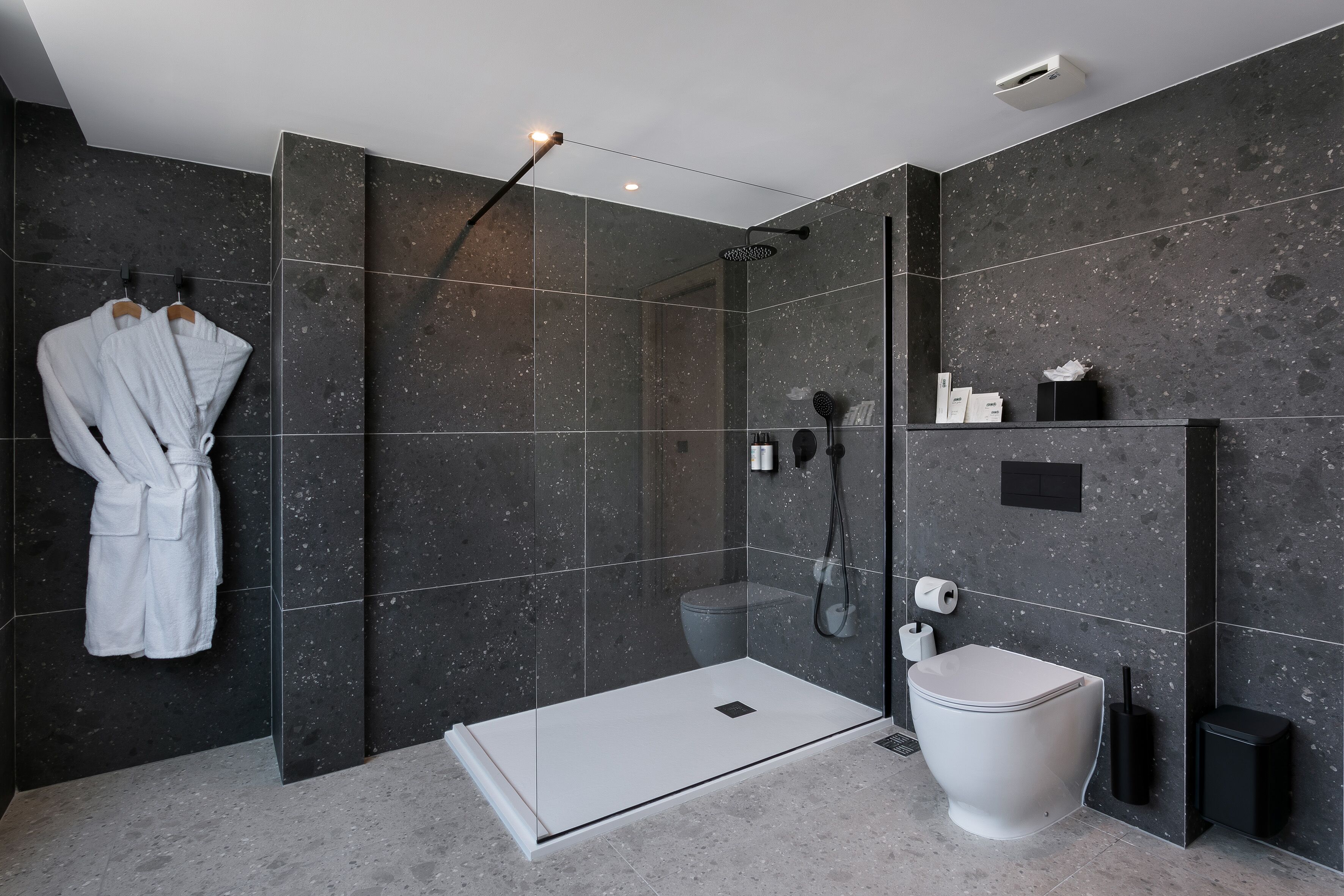 A modern bathroom with a glass-enclosed shower, a white toilet, and a robe rack.