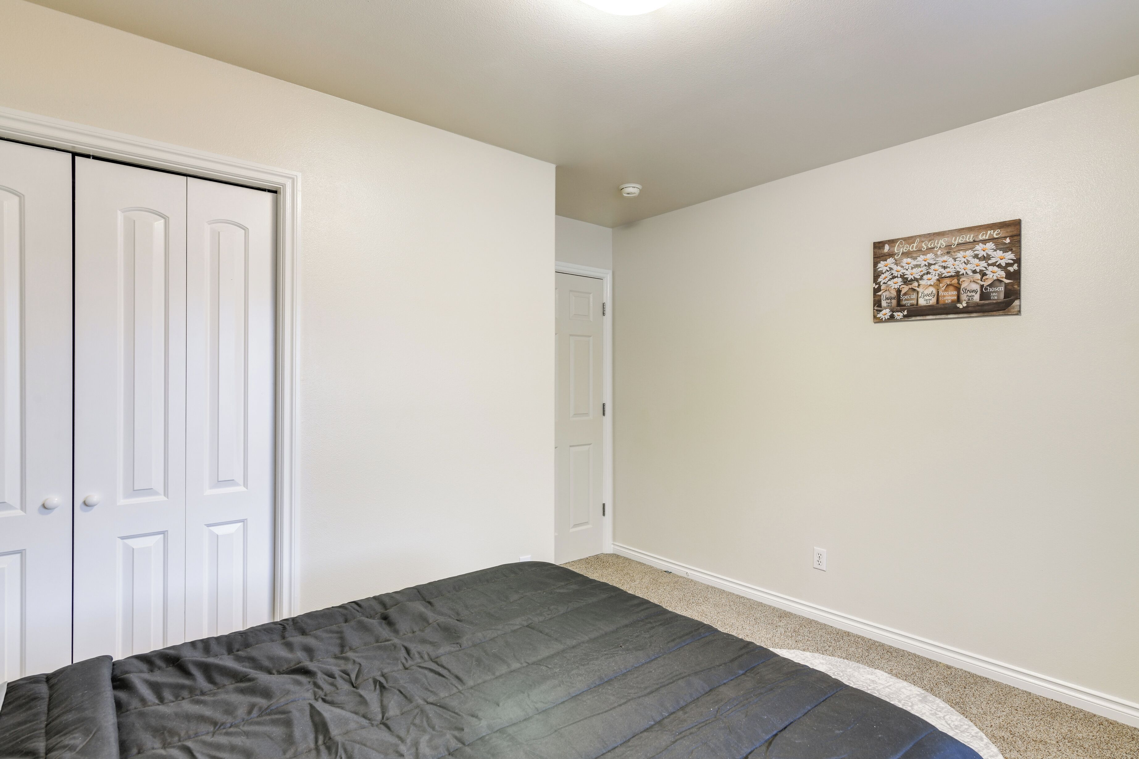 Une chambre à coucher avec un lit, une porte blanche et un tableau accroché au mur.