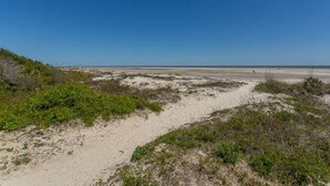 A sandy beach with sparse vegetation and a clear blue sky. - Redesigned condo in oceanfront community! (St. Simons Island)