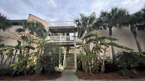 A two-story building with a central staircase, surrounded by palm trees and a concrete pathway. - Redesigned condo in oceanfront community! (St. Simons Island)