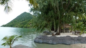 A beach with a thatched-roof structure, palm trees, and a rocky shoreline. - Villa Ban Rim Nam 50c (Ko Chang)