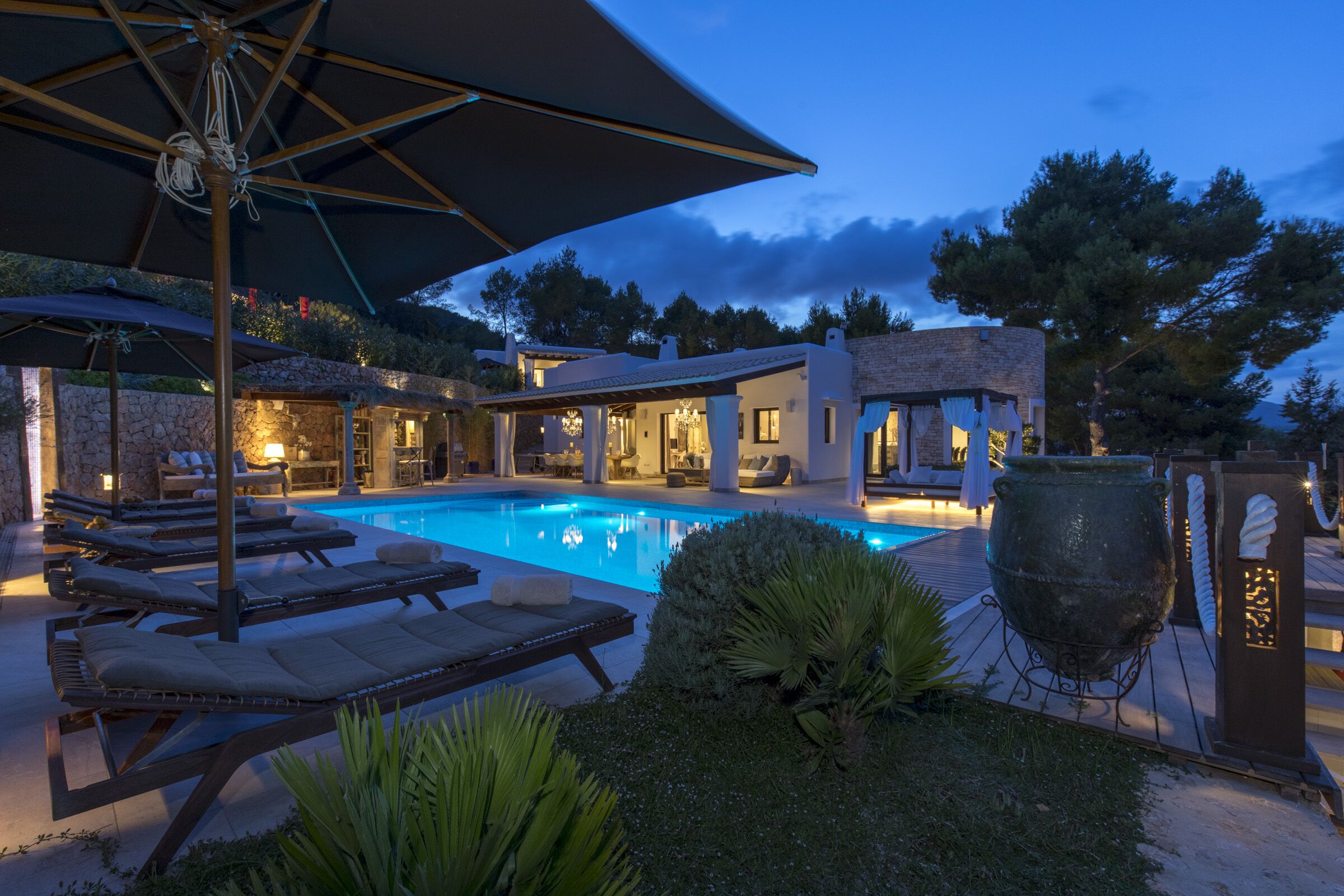 A heated pool, pool loungers