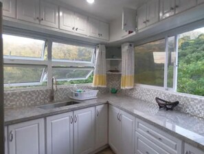 Enjoy a serene view from the kitchen window, where you can prepare meals with a sink, faucet, and dish rack.
