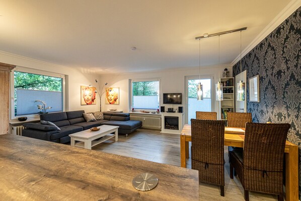 Smart TV, chimenea, reproductor de DVD y estéreo 