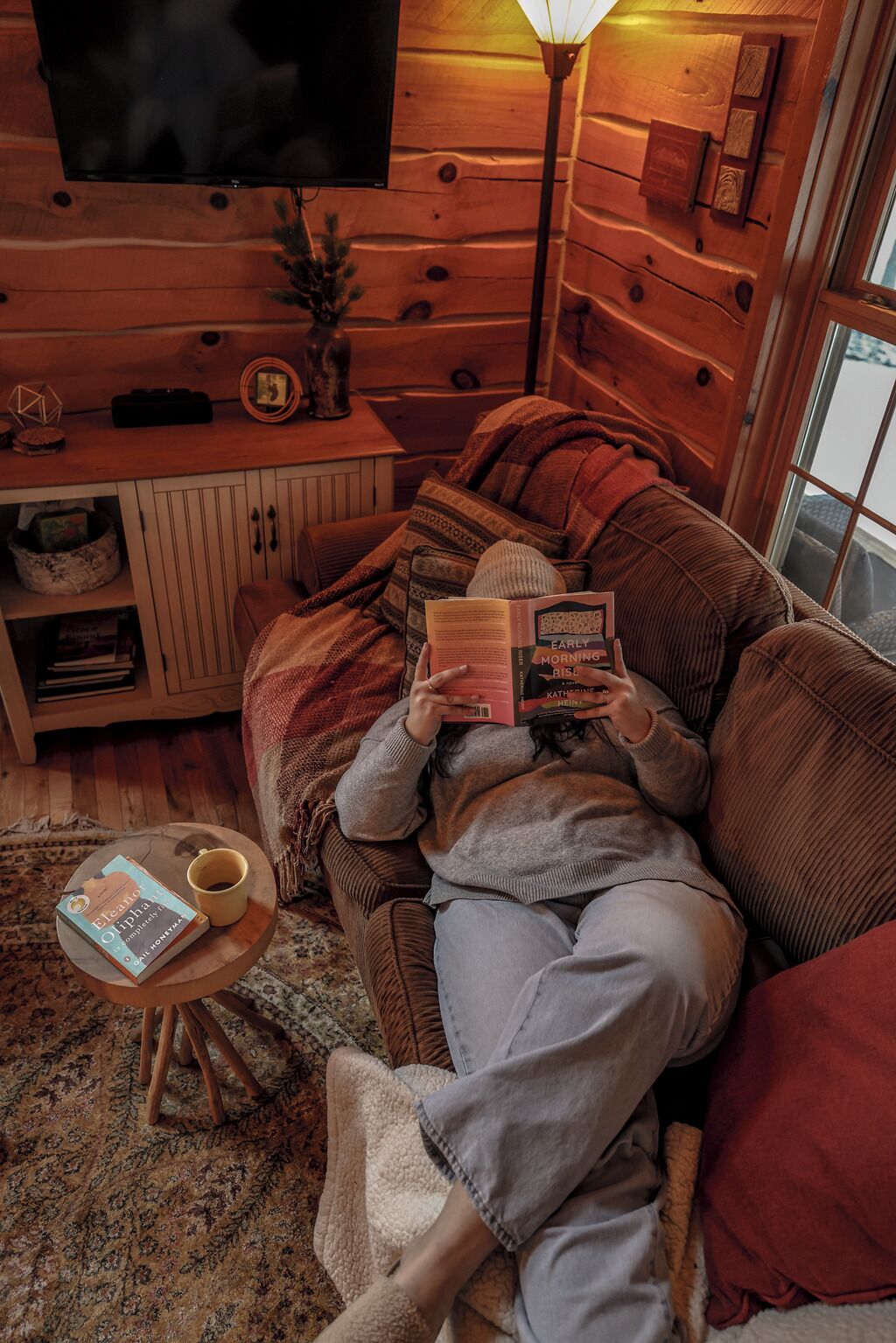 Smart TV, chimenea, reproductor de DVD y libros 
