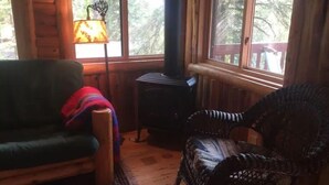 A cozy cabin interior with a green armchair, a wicker chair, a small table, and a wood-burning stove. - Cozy cottage trails, trout fishing & fireplace. (Marcell)