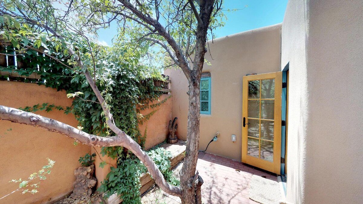 A courtyard with a tree, a door, and a wall.