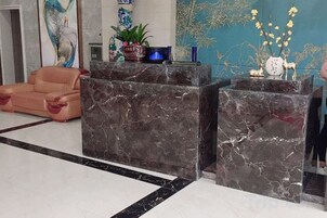 Zona de recepción con mostradores de mármol, un sofá y plantas decorativas.