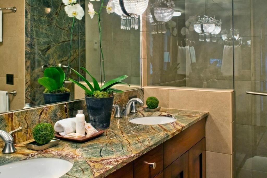 A bathroom with a marble countertop, two sinks, a mirror, and decorative plants.