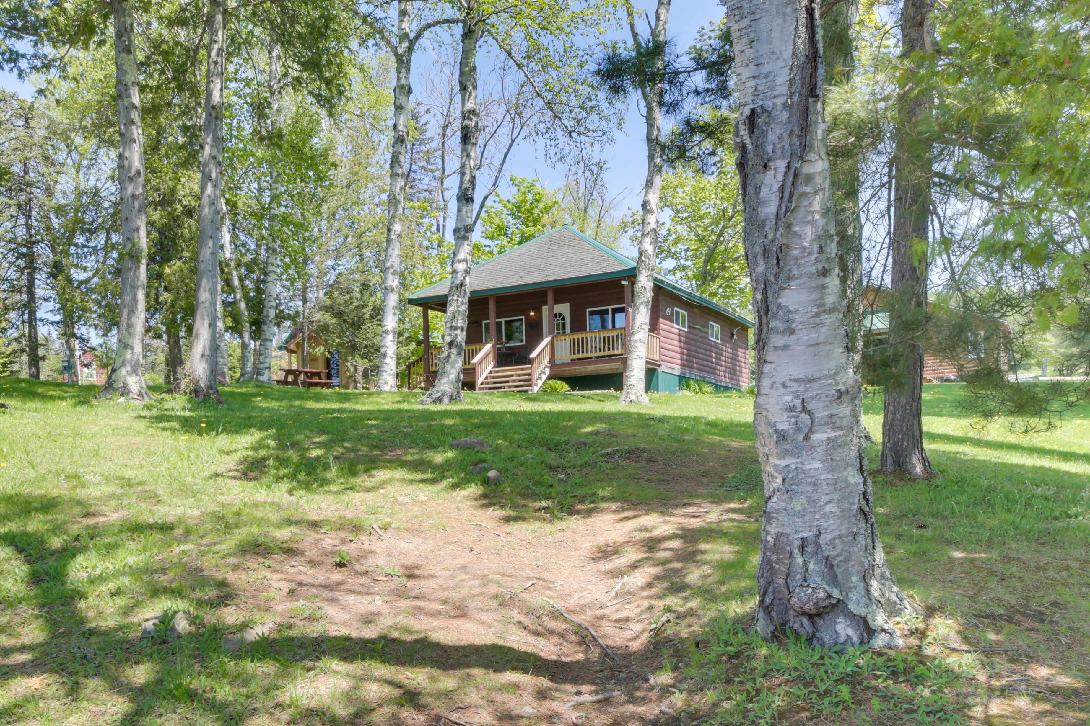 Eine Lodge mit Veranda und Terrasse, umgeben von Bäumen.