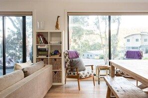 TV, fireplace, books