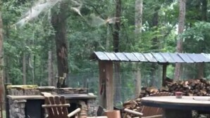 An outdoor patio area with a stone fireplace, wooden chairs, and a table. - Little Bit Farm - Create your own stay (Canton)