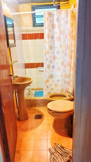 A bathroom with a sink, toilet, and shower curtain. - Cabaña del humedal (Partido de Tigre)