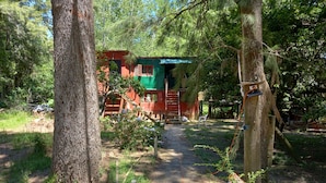 A rustic cabin with a dirt path leading to it, surrounded by trees and greenery. - Cabaña del humedal (Partido de Tigre)