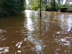 A flooded river with a wooden bridge and dense greenery on both sides. - Cabaña del humedal (Partido de Tigre)