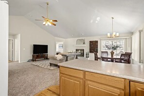 Smart TV, fireplace, DVD player, books