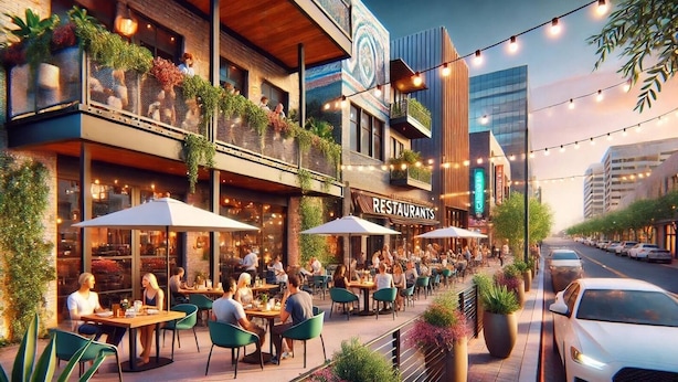An outdoor dining area with multiple tables and chairs, surrounded by greenery and a restaurant sign. - Mid-Century Modern Charmer with FREE heated pool! (Phoenix)