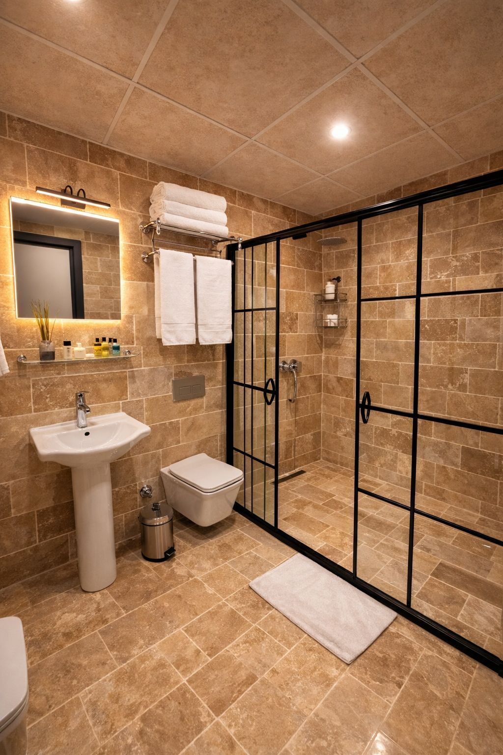 A bathroom with a sink, toilet, and a glass-enclosed shower area.