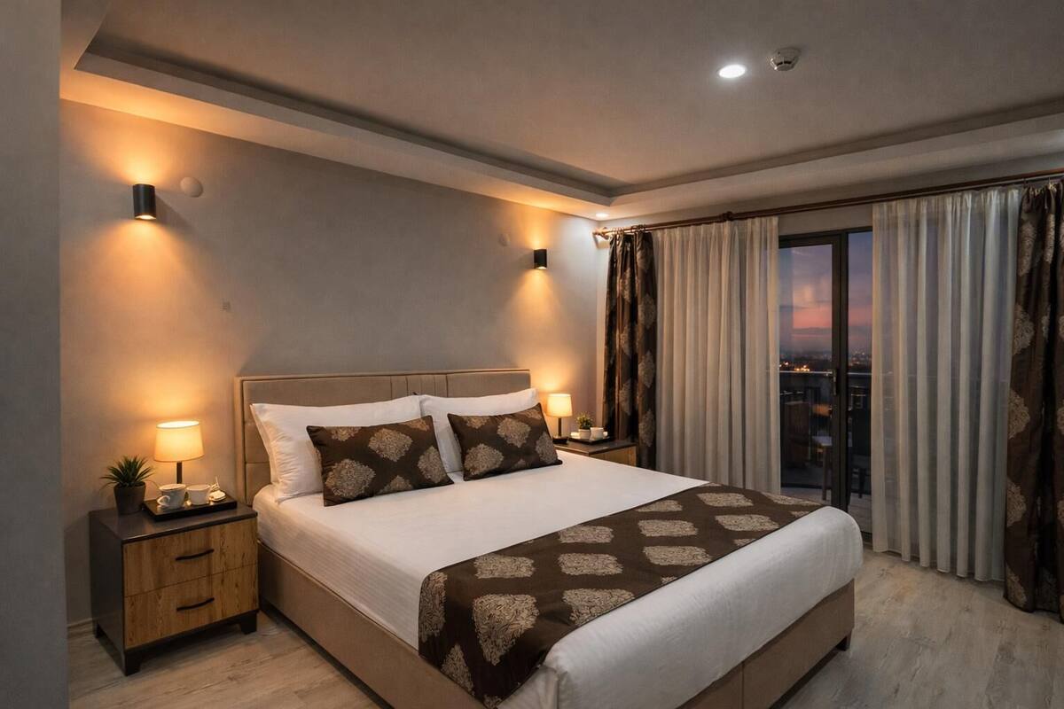 A modern hotel room with a large bed, bedside lamps, a nightstand, and a view of the city through the balcony curtains.